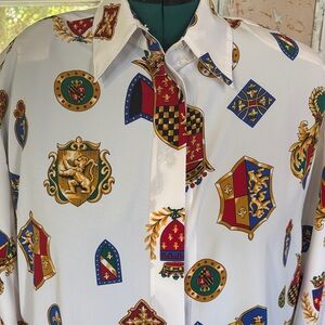 Chaus White Multicolor Crest Button Down Shirt